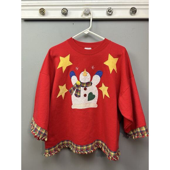 Vintage Snowman Sweatshirt Christmas Womens XL Red Stitched Hanes Plaid Trim - Picture 1 of 8
